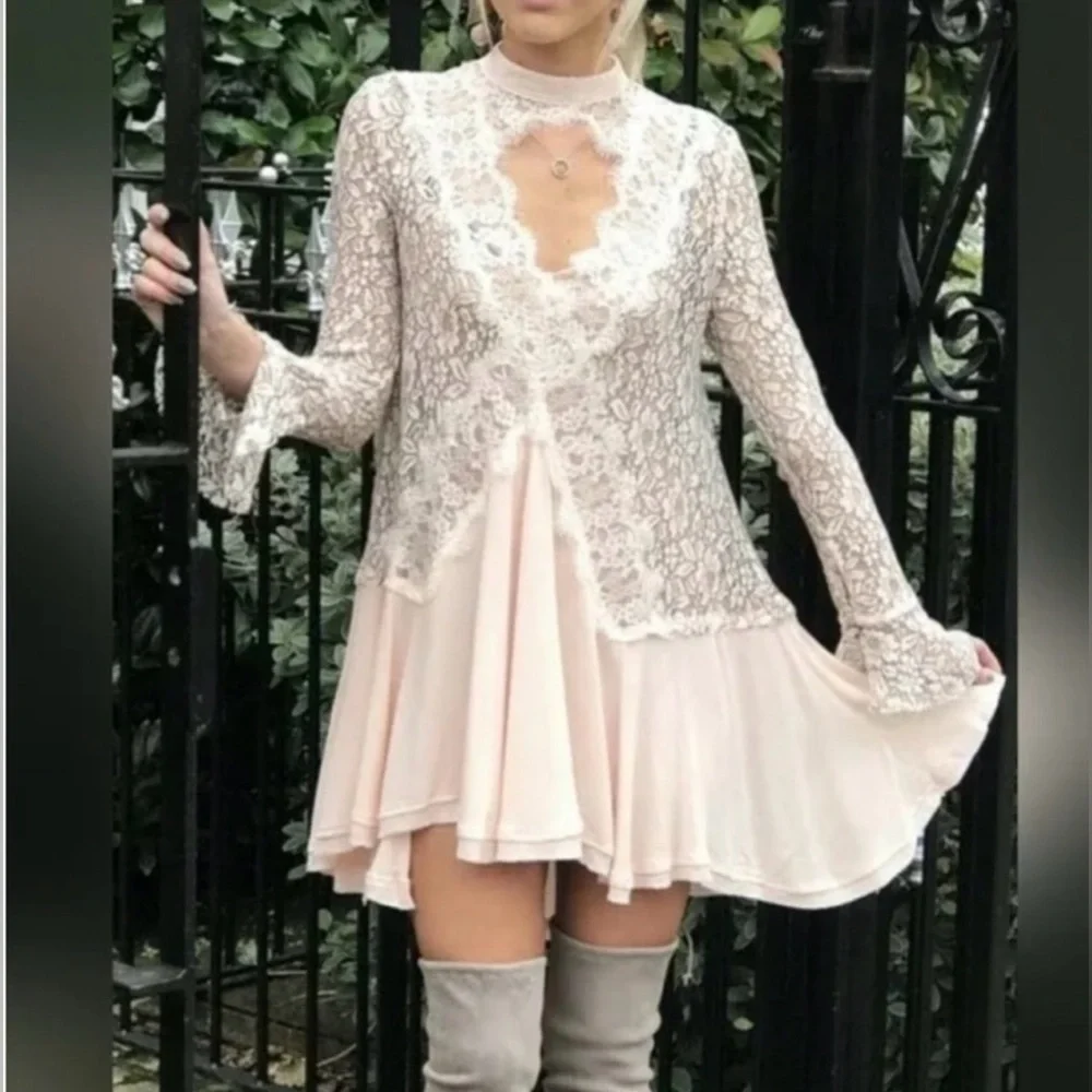 Free People Pink and Cream Lace Blouse